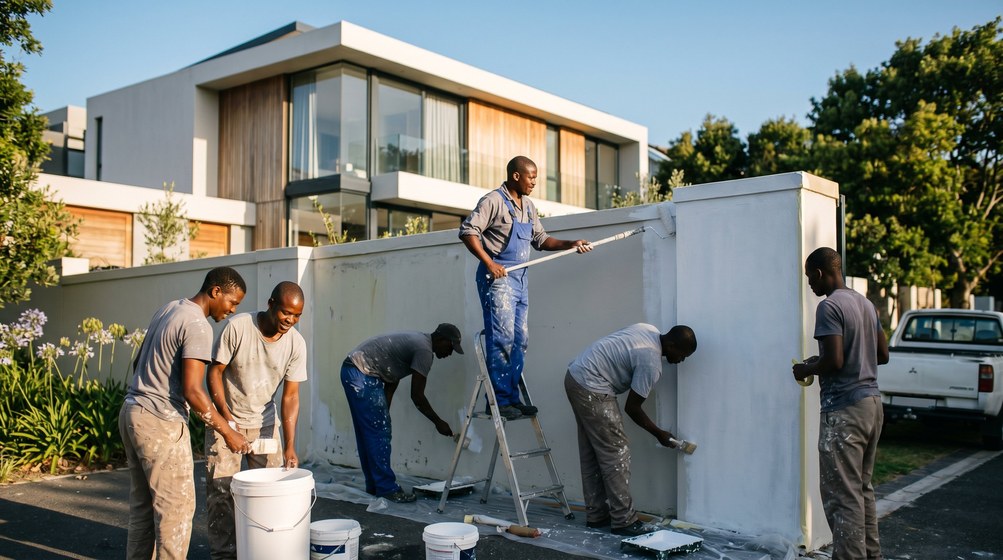 Professional team painting a boundary wall at a modern home in Brackenfell