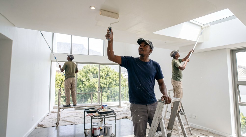 Professional ceiling painters rolling white paint onto a high ceiling in Brackenfell