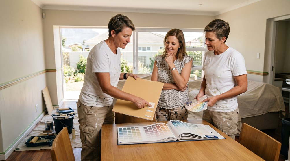 Professional colour consultant showing paint swatches to a homeowner in Brackenfell