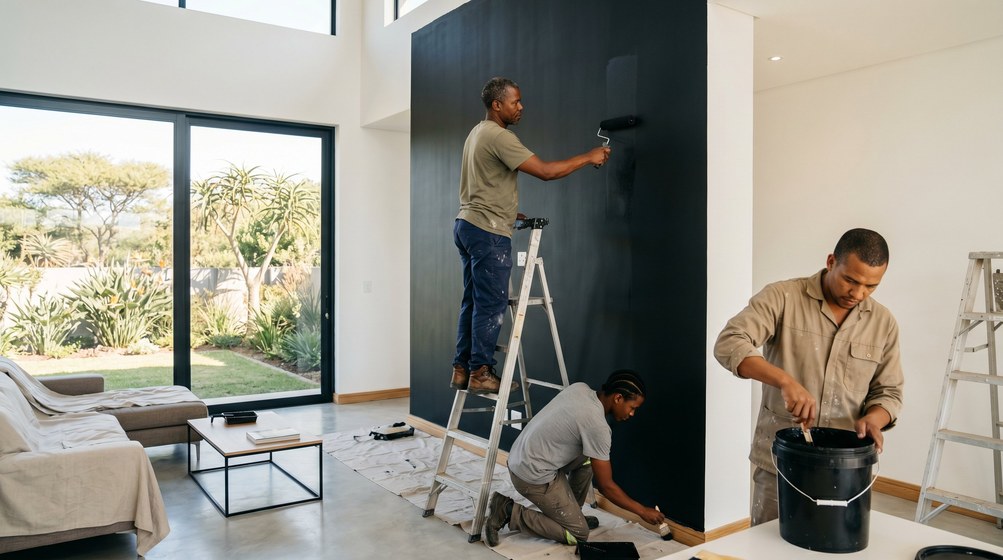 Professional painters creating a bold black feature wall in a modern Brackenfell home