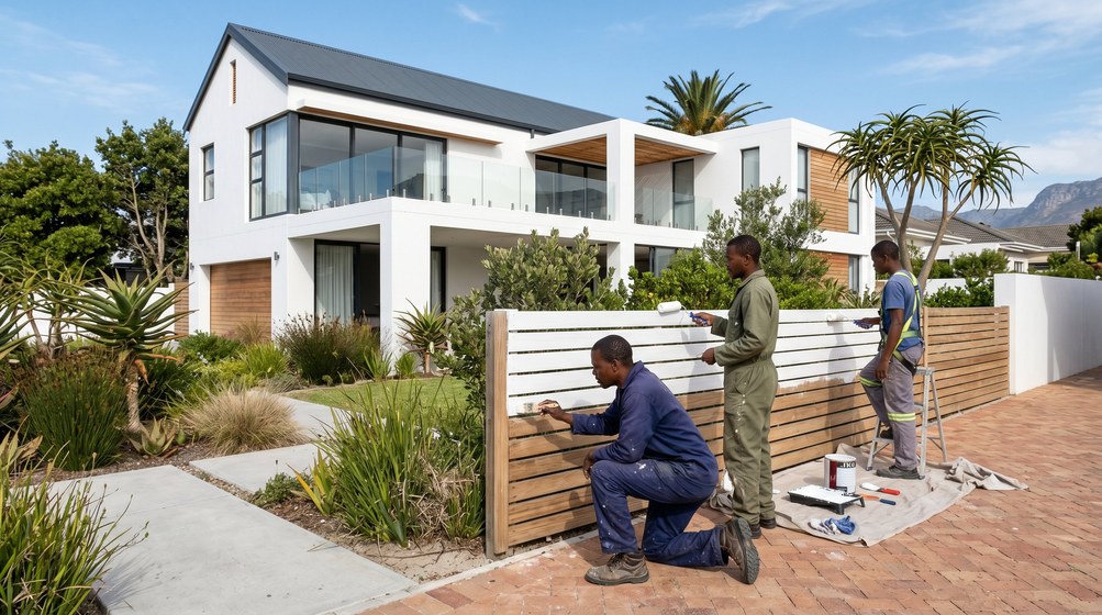 Professional fence painters painting a wooden fence at a coastal home in Brackenfell