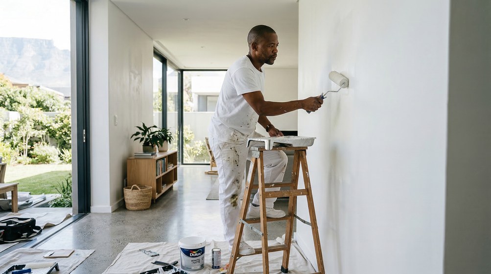 Professional interior painter in Brackenfell painting walls with a roller