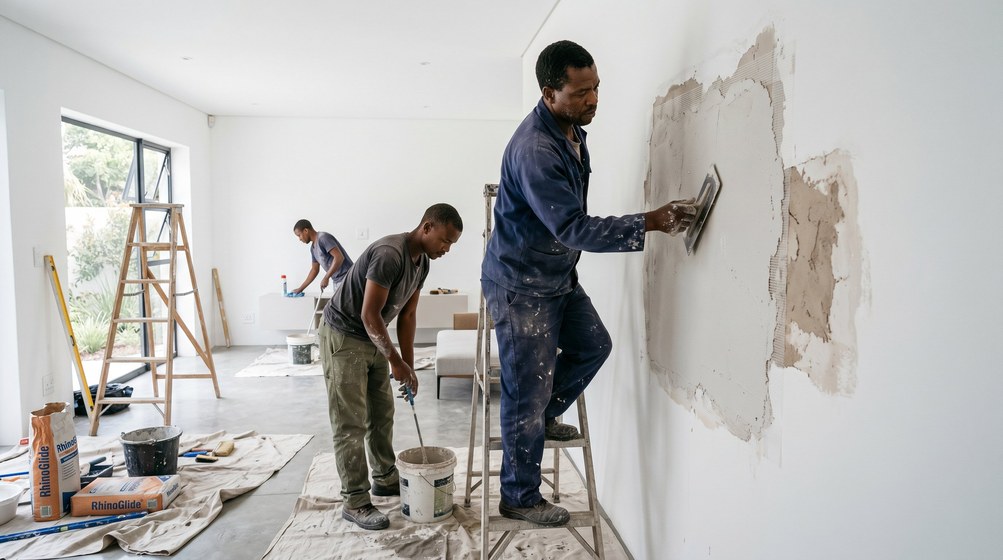 Professional plaster repair team skim coating damaged walls in Brackenfell