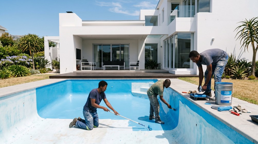 Professional pool painters applying blue pool paint to a swimming pool in Brackenfell