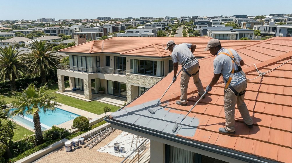 Professional roof painters applying waterproof coating to tiled roof in Brackenfell