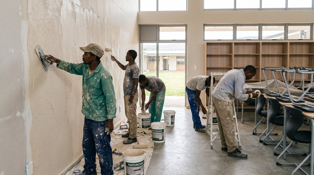 Professional texture coating team applying Texturcoat to interior walls in Brackenfell