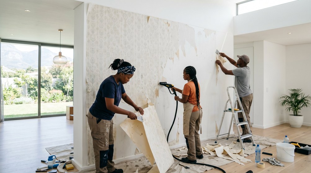 Professional wallpaper removal team stripping old wallpaper in a Brackenfell home