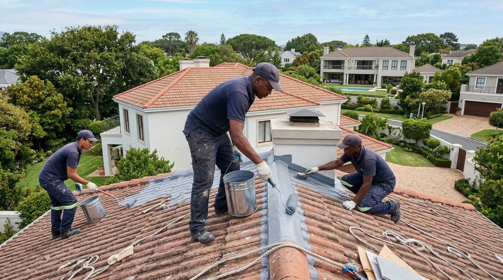Professional waterproofing team applying membrane to roof in Brackenfell