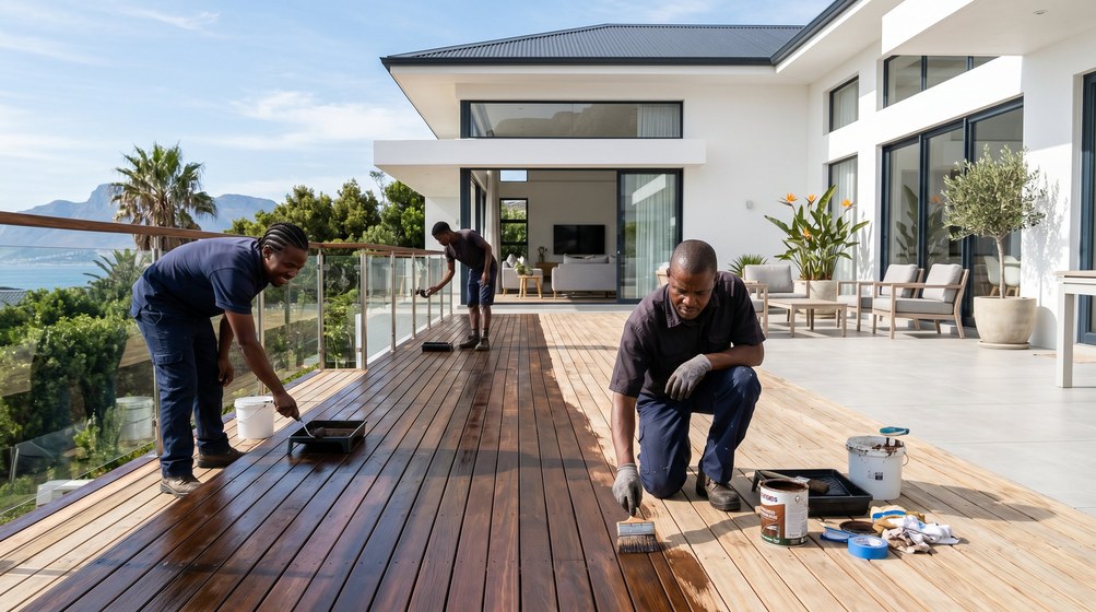 Professional wood staining team applying deck stain overlooking the ocean in Brackenfell